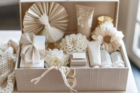 Un élégant kit de secours mariage, rempli de produits de beauté et de décorations florales, prêt à parfaire la journée.