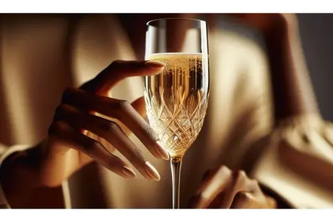 Main d'une femme tenant une coupe de champagne pétillant, évoquant un champagne personnalisé mariage pour une célébration spéciale.