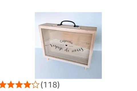Boîte en bois pour cagnotte mariage sans frais, décorée "Voyage de noces".