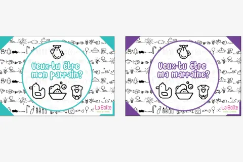 Demande marraine à imprimer gratuit : deux cartes avec des dessins enfantins, l'une pour demander "Veux-tu être mon parrain?", l'autre "Veux-tu être ma marraine?".