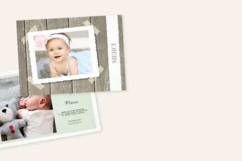 Cartes de remerciement baptême avec photos de bébé souriant et endormi, et texte "Merci".