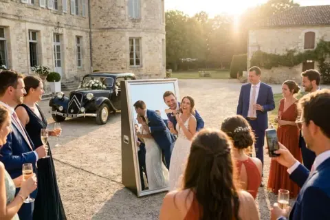Un couple de mariés s'amuse devant un miroir, entouré d'invités. Une voiture ancienne décorée de fleurs est garée derrière eux. Une belle scène de tradition mariage.