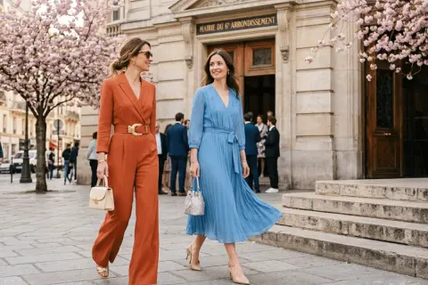 Deux femmes élégantes sortent de la mairie, prêtes pour un baptême civil. L'une porte une combinaison orange, l'autre une robe bleue.