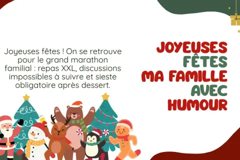Joyeuses fêtes en famille avec humour ! Préparez-vous pour le marathon familial : repas XXL, discussions impossibles et sieste obligatoire après dessert.