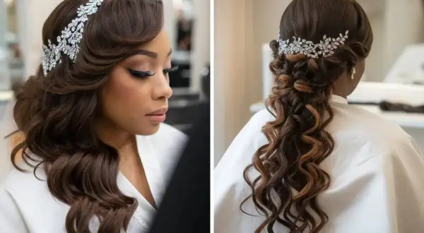 Coiffure mariage cheveux long noir, ondulés et ornés d'un diadème scintillant. Une tresse lâche descend dans le dos, mettant en valeur la longueur et la couleur des cheveux.