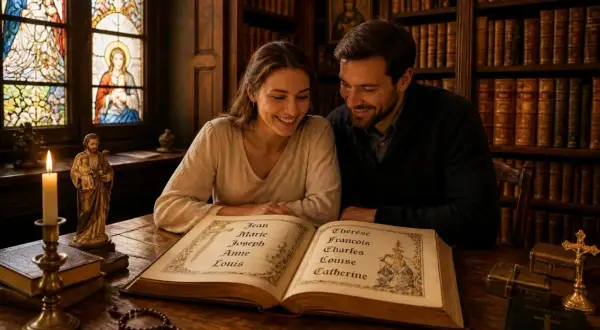 Couple souriant feuilletant un livre ancien de prénoms de baptême, entourés de livres et de vitraux.