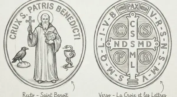 Dessin d'une médaille de Saint Benoît, recto avec le saint et verso avec la croix. Idéal pour faire bénir un bijou protecteur.