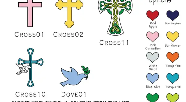 Symboles de baptême : croix, colombe, et options de couleurs pour un cadeau de parrain marraine.
