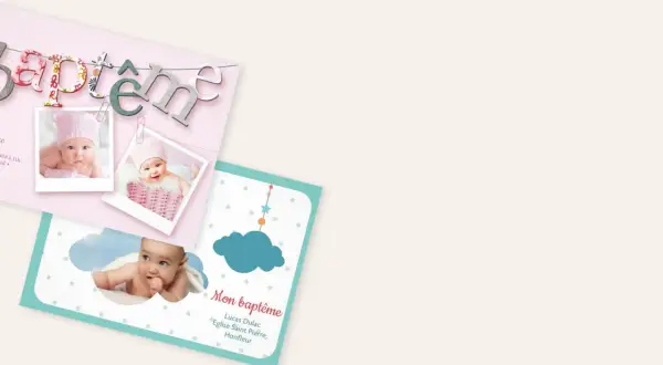 Jolie carte remerciement bapteme gratuite à imprimer avec des photos de bébé et des motifs célestes.