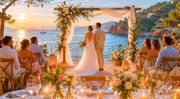 Un mariage en bord de mer, un couple sous une arche fleurie, des invités assis, une table dressée. L'élégance mariage au coucher du soleil.