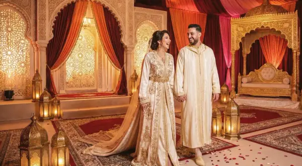 Un couple rayonnant lors d'un mariage arabe, entouré de décorations somptueuses et de lanternes dorées.