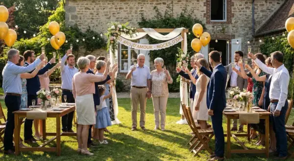 Célébration de noces d'or, une famille réunie pour trinquer à cette année de mariage spéciale.
