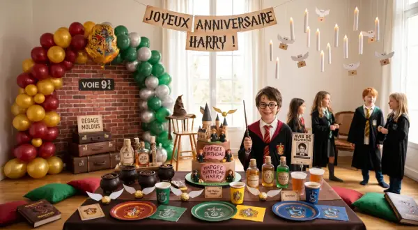 Une fête d'anniversaire Harry Potter avec une arche de ballons, un gâteau et des décorations magiques. Une idée déco avec ballon à gonfler pour un monde enchanté.