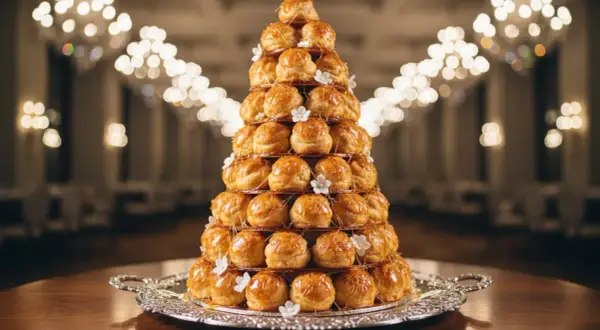 Un magnifique croquembouche, parfait pour un baptême, avec sa musique sucrée de caramel et ses petites fleurs.