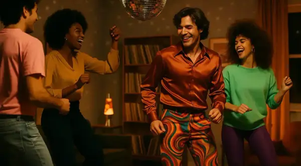 Quatre amis s'amusent lors d'une **soirée année 80**, dansant sous une boule disco. Ambiance festive garantie !