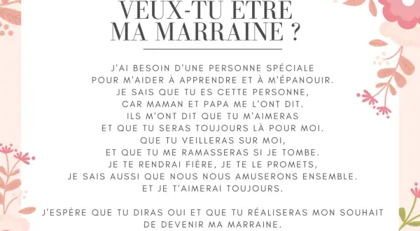 Une carte ornée de fleurs roses et de feuilles roses et beiges, avec le texte "Veux-tu être ma marraine ?" et une lettre exprimant le désir de devenir marraine.
