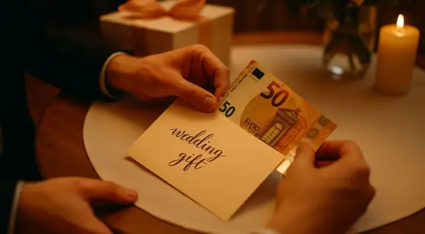 Une main insère un billet de 50 euros dans une carte "wedding gift". La question de combien donner à un mariage est au cœur de cette scène.