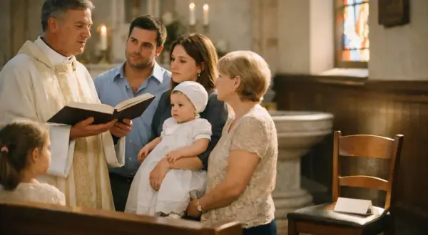 Cérémonie de baptême. Le prêtre lit, les parents tiennent leur bébé. La marraine absente est pensée.