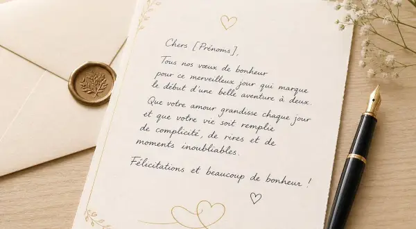 Carte de vœux de mariage pour son mari, avec une plume et un sceau de cire.