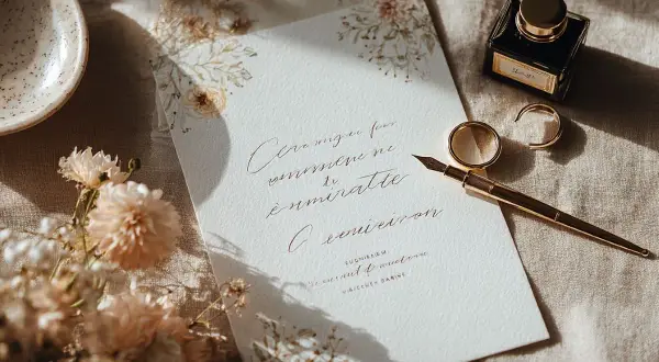 Un faire-part de mariage élégant, orné de fleurs séchées, avec une plume dorée, des alliances et un encrier. Idéal pour une cagnotte mariage.