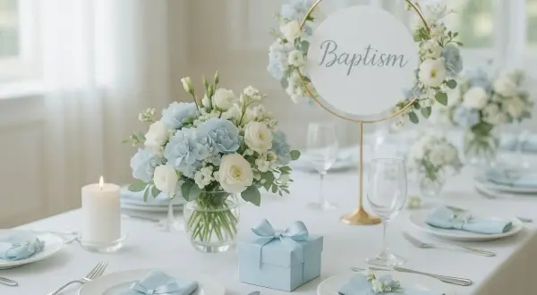 Table dressée pour un baptême de garçon avec fleurs bleues et blanches, bougie, et cadeau. Une belle idée déco baptême garçon à faire soi même.