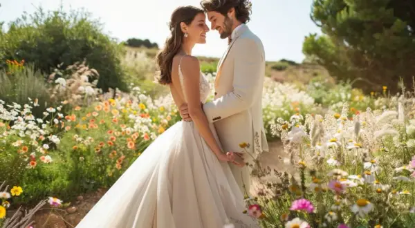 Un jeune couple s'embrasse tendrement, entouré de fleurs sauvages. Un doux mariage dans son jardin, sous le soleil éclatant.