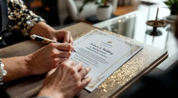 Signature d'un certificat de mariage. La réponse souhaitée avant le grand jour est en cours de rédaction.