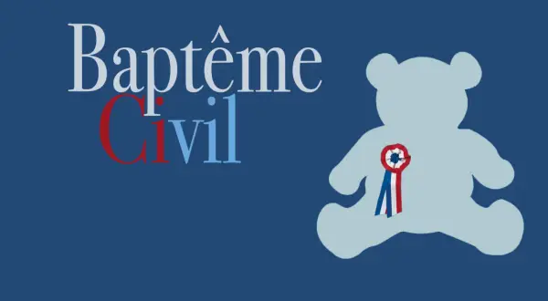 Texte pour un papier baptême civil : un ours en peluche bleu pâle orné d'une cocarde tricolore.