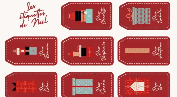 Des étiquettes de Noël personnalisées à imprimer, ornées de cadeaux stylisés et de noms pour chaque destinataire.