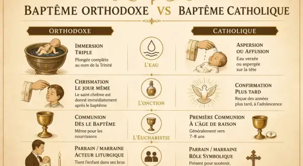 Comparaison des rites du baptême orthodoxe et catholique. Un témoin de baptême est présent dans les deux traditions.