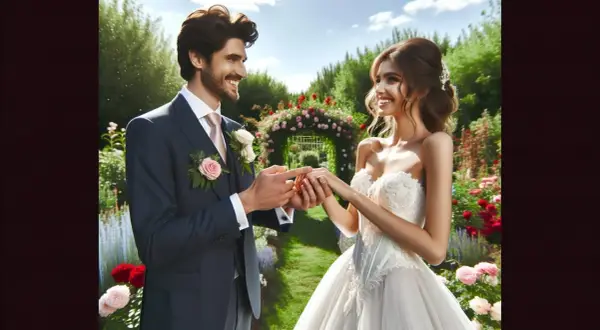 Un couple échange ses vœux lors d'une cérémonie de mariage en plein air, entouré de fleurs. Une belle citation mariage.