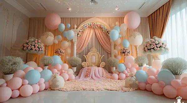 Décoration de baptême fille originale : trône doré, ballons roses et bleus, fleurs. Une scène féerique pour un événement inoubliable.