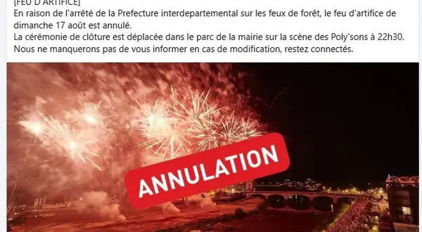 Feu d'artifice annulé suite à un arrêté préfectoral. La scène des Poly'sons accueillera la cérémonie de clôture.