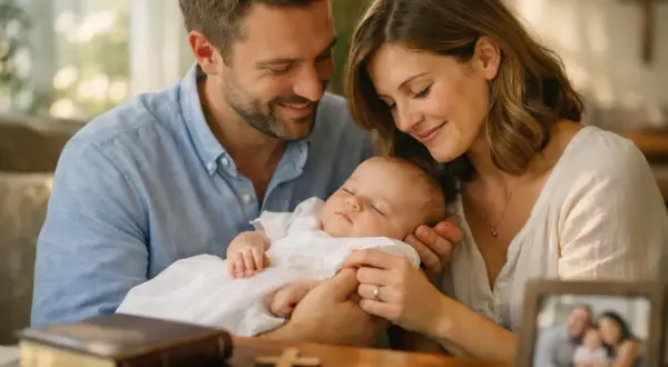 Un couple souriant tient leur bébé endormi, habillé en blanc. Un livre et une croix sont sur la table, suggérant un baptême. Le père est le parrain.