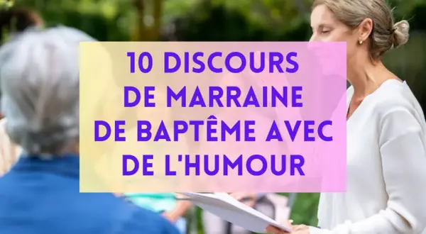 Une marraine souriante lit un discours humoristique pour un baptême.