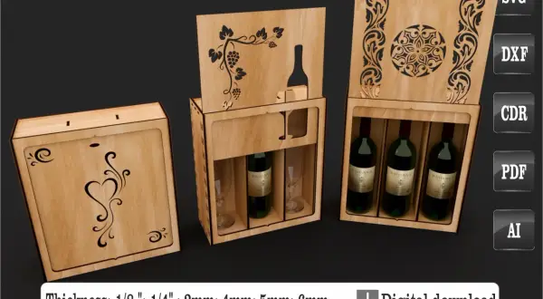 Caisse bois vin personnalisé mariage, idéale pour offrir ou décorer. Modèles gravés de cœurs, vignes et rosaces. Fichiers numériques disponibles.
