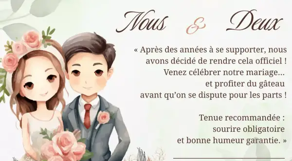Illustration d'un couple souriant, prêt pour leur mariage. Invitation à célébrer leur union, pour le meilleur et pour le pire, avec une note humoristique sur le gâteau.