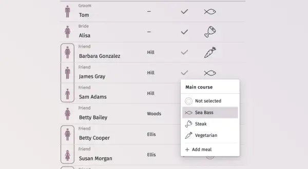 Liste invités mariage : Tom (marié), Alisa (mariée), Barbara Gonzalez, James Gray, Sam Adams, Betty Bailey, Betty Cooper, Susan Morgan, Charles Johnson. Choix du plat pour James Gray : "Sea Bass".