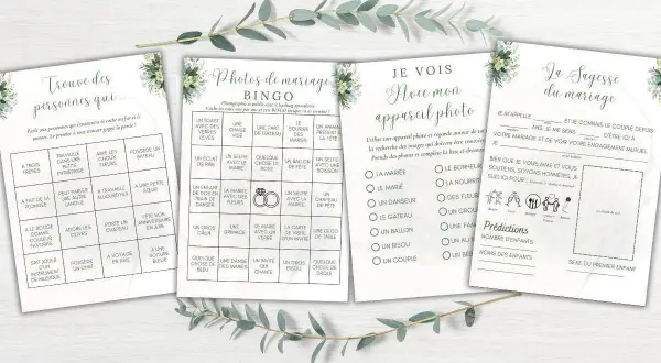 Jeux pour mariage à imprimer : Bingo "Trouve des personnes qui", "Photos de mariage Bingo", "Je vois avec mon appareil photo" et "La Sagesse du mariage".