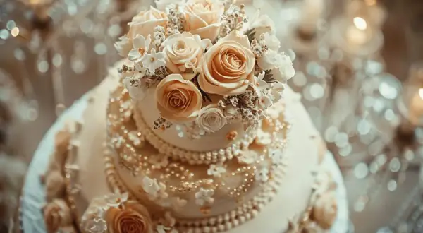 Un magnifique gâteau de mariage à trois étages, orné de roses crème et de perles dorées, évoquant une douce musique.
