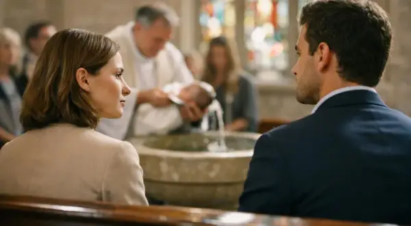 Un couple observe le baptême de leur enfant. La question "peut on être marraine sans être baptisé" flotte dans l'air.