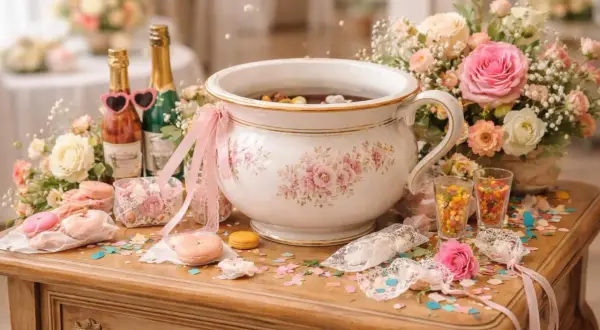 Un pot de chambre mariage décoré de fleurs roses et de rubans, entouré de bonbons, macarons et de bouteilles de champagne.