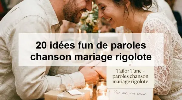 Un couple rit, entouré de bougies. Le texte suggère des idées de paroles de chanson mariage rigolote pour un moment inoubliable.