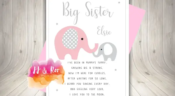 Carte pour une nouvelle grande sœur avec des éléphants roses et gris, et le texte "Elsie".