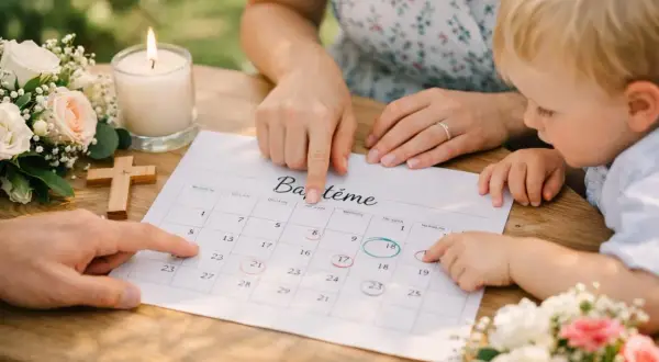 Planification du baptême : des doigts pointent des dates sur un calendrier, cherchant le samedi ou dimanche idéal. Bougie, croix et fleurs ajoutent à l'atmosphère.