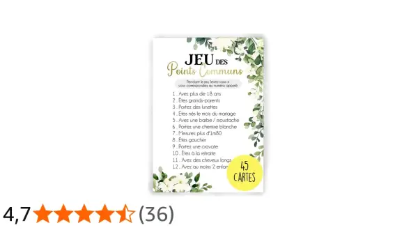 Carte de jeu "Jeu des Points Communs" pour un mariage, avec une liste de critères pour trouver des ressemblances entre les invités.