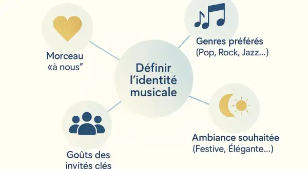 Schéma pour définir l'identité musicale d'une playlist mariage pour danser : morceau à nous, genres, invités, ambiance.