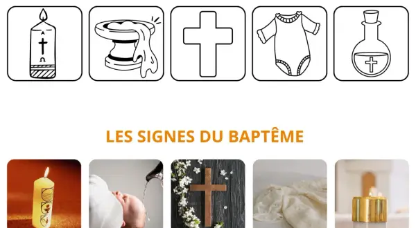 Illustrations et photos des symboles du baptême : bougie, bénitier, croix, vêtement blanc, flacon d'eau bénite.