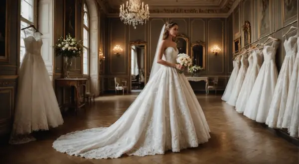 Une mariée rêveuse dans une somptueuse robe, entourée de magnifiques robes de mariée. Un aperçu pour vous aider à comment choisir sa robe de mariée.