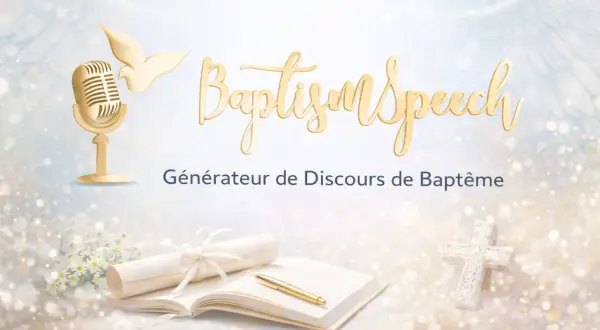Générateur de discours pour baptême civil : un micro doré, un livre ouvert, une croix et des ailes d'ange pour un texte humour baptême civil réussi.